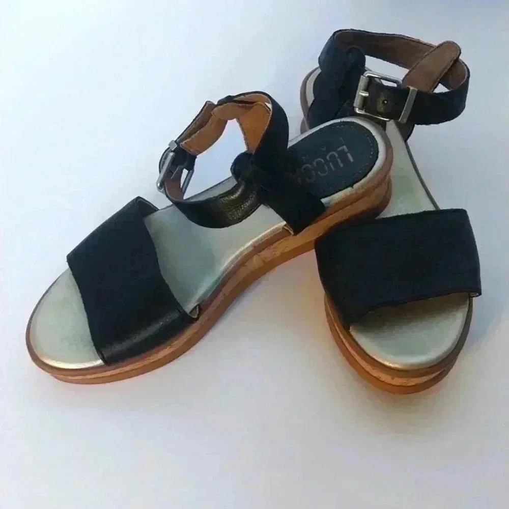 Lucca Lane Black Kameron Platform Sandals Wedge Faux Leather